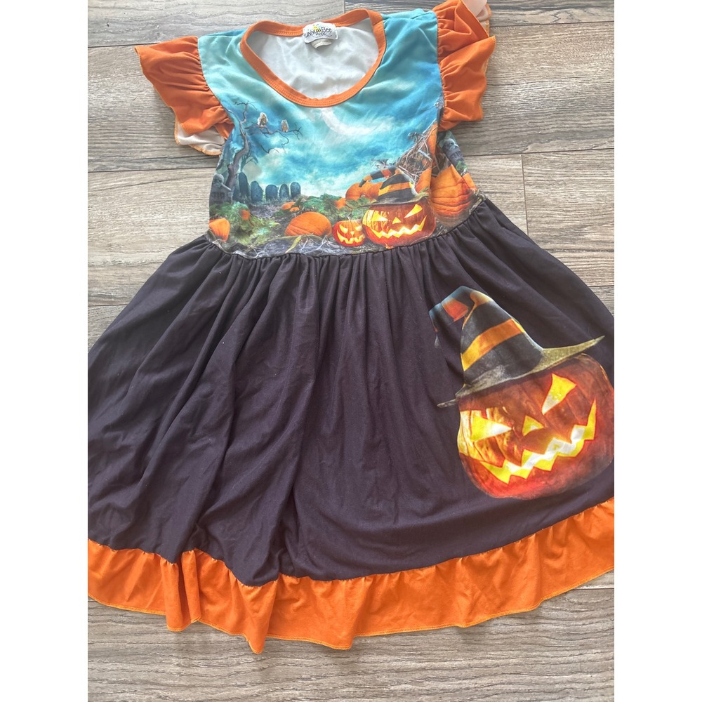 Hunny Bee Kids Halloween Pumpkin Graveyard Ruffle Dress Orange Black 2XL 6-7T